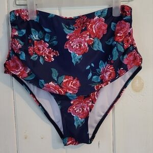 Ruched High Rose Floral Bikini Swim Brief Bottom
